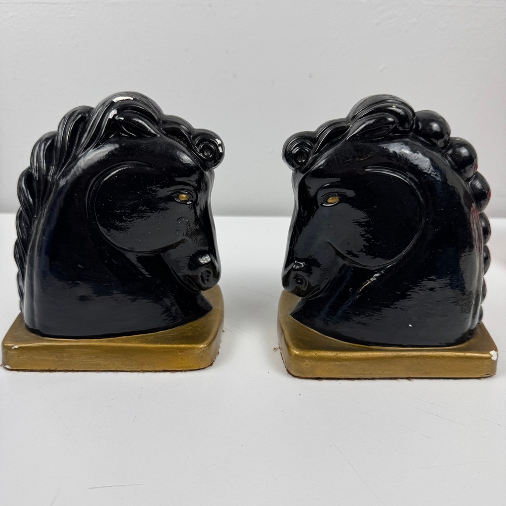 Vtg Black Horse Head Bookends Pair Hollywood Regency Equestrian Decor